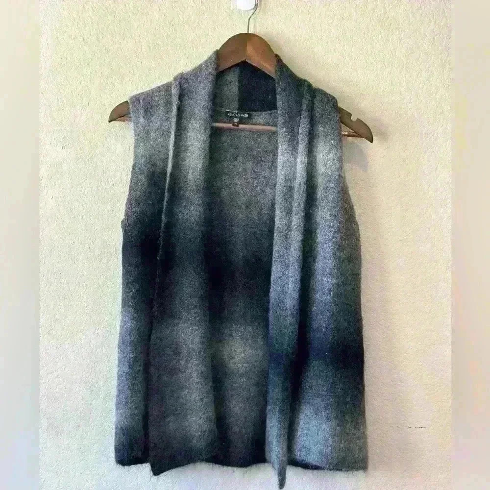 Eileen‎ Fisher Womens XS Open Front Mohair Knit Vest Jacket Gray Black Lagenlook
